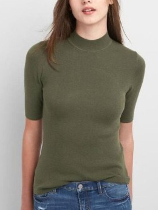 GAP Tops - Gap Mockneck Knit Top - Elbow Sleeve Olive Green Cotton Silk Short Sleeve Retro